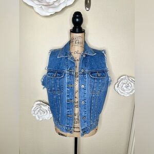 Vintage Gitano Medium Blue Wash Denim Frayed Sleeves Trucker Vest Sz Small